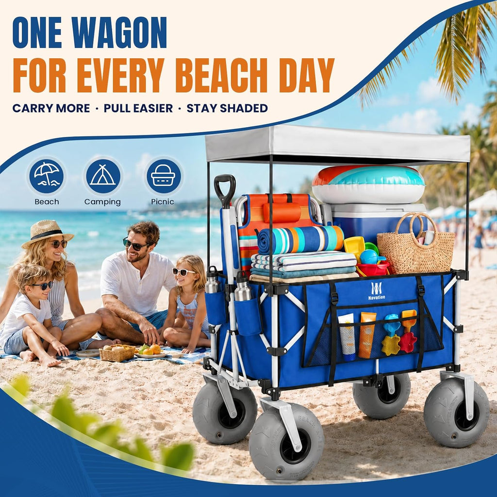 Navatiee Beach Wagon with Big Balloon Wheels for Sand, 200L Extra Large Beach Cart with Canopy, 440Lbs Heavy Duty Folding Wagon Collapsible with 9' Tires & Side Pocket for Beach, Outdoor, Blue