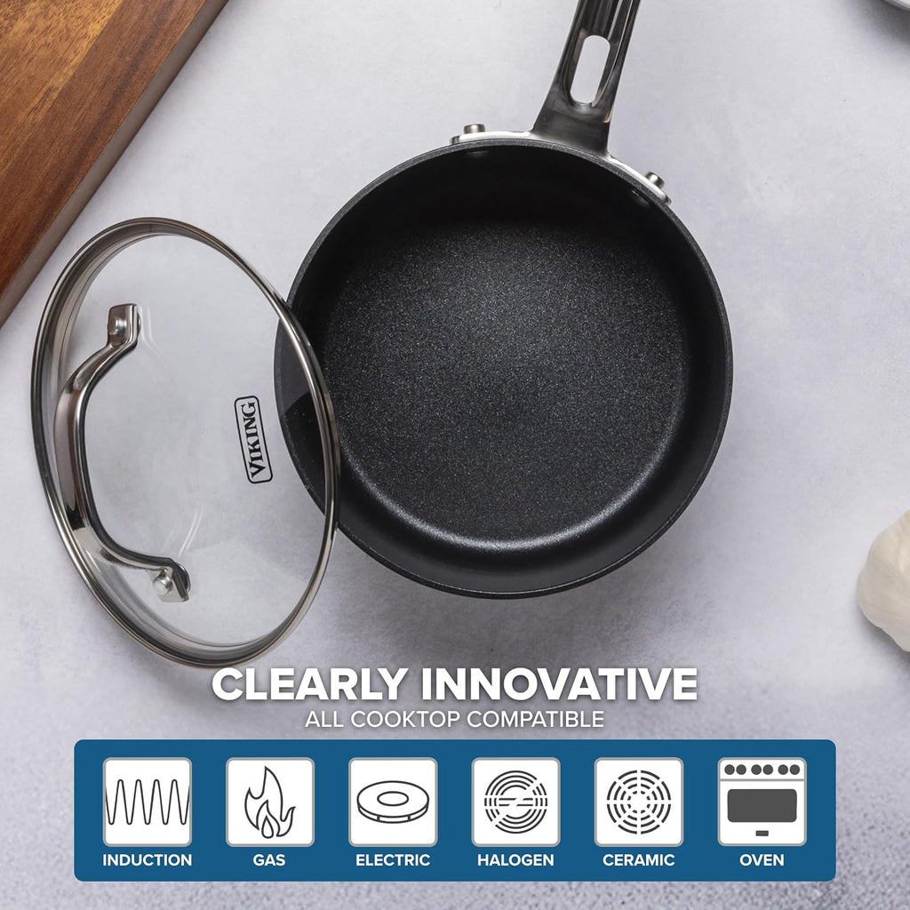 Viking Cookware Set, 12 Piece Hard Anodized Ceramic Nonstick Kitchen Cookware with Glass Lids, Made without PFAS, Oven Safe, Induction Ready