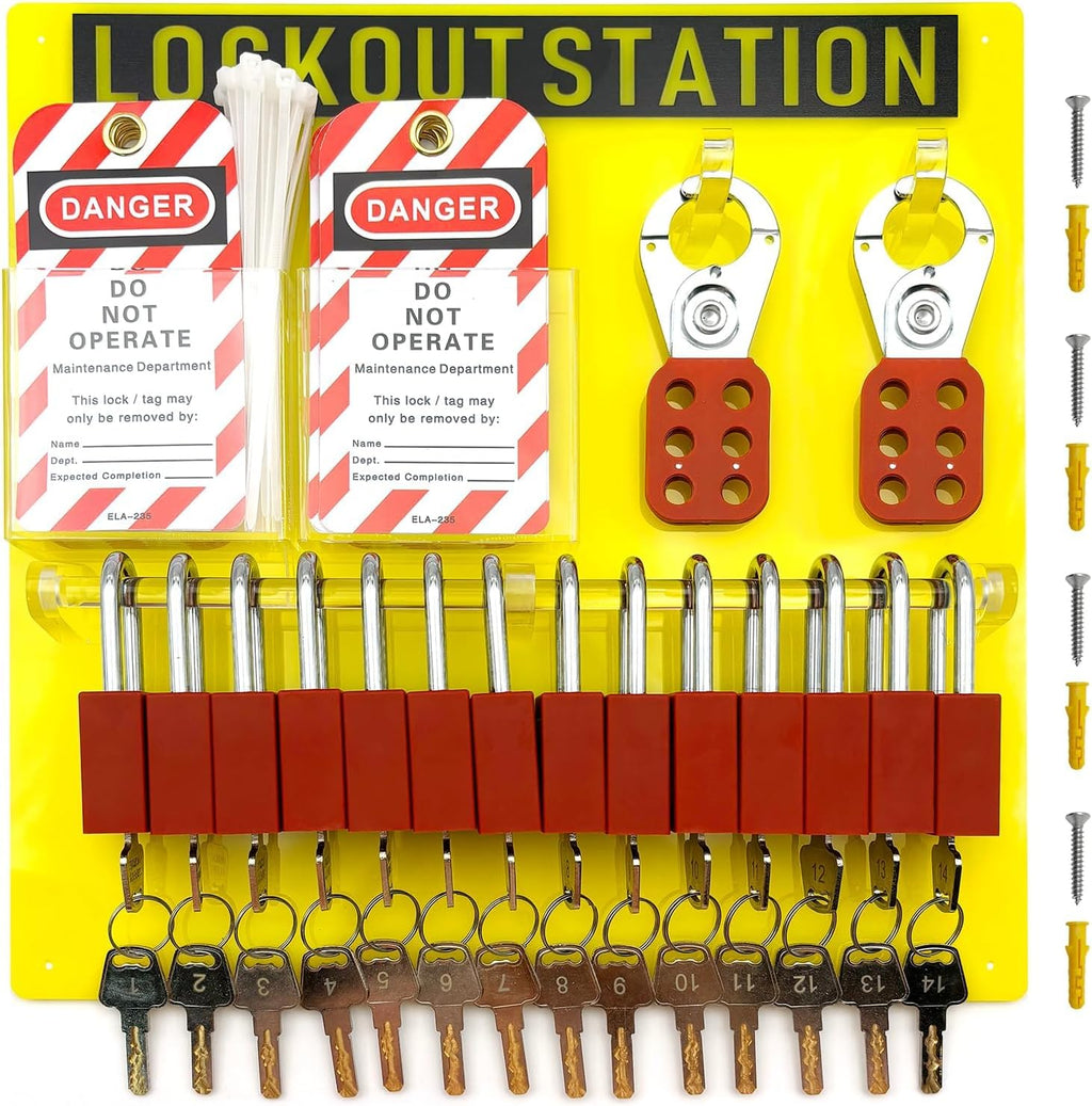 SAFBY Lockout Tagout Station Board Metal Kit with Lock Out Tag Out Loto 2 Hasps, 30 Tags, 30 Nylon Cable, 14 Locks with Number 1-14 (Yellow Lockout Station)