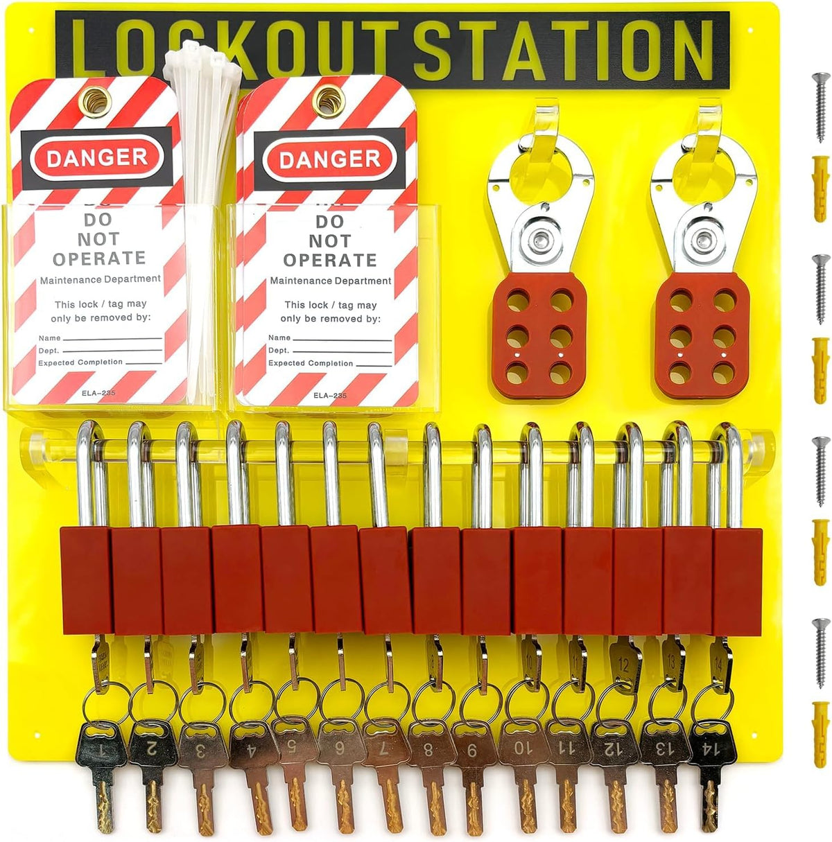 SAFBY Lockout Tagout Station Board Metal Kit with Lock Out Tag Out Loto 2 Hasps, 30 Tags, 30 Nylon Cable, 14 Locks with Number 1-14 (Yellow Lockout Station)