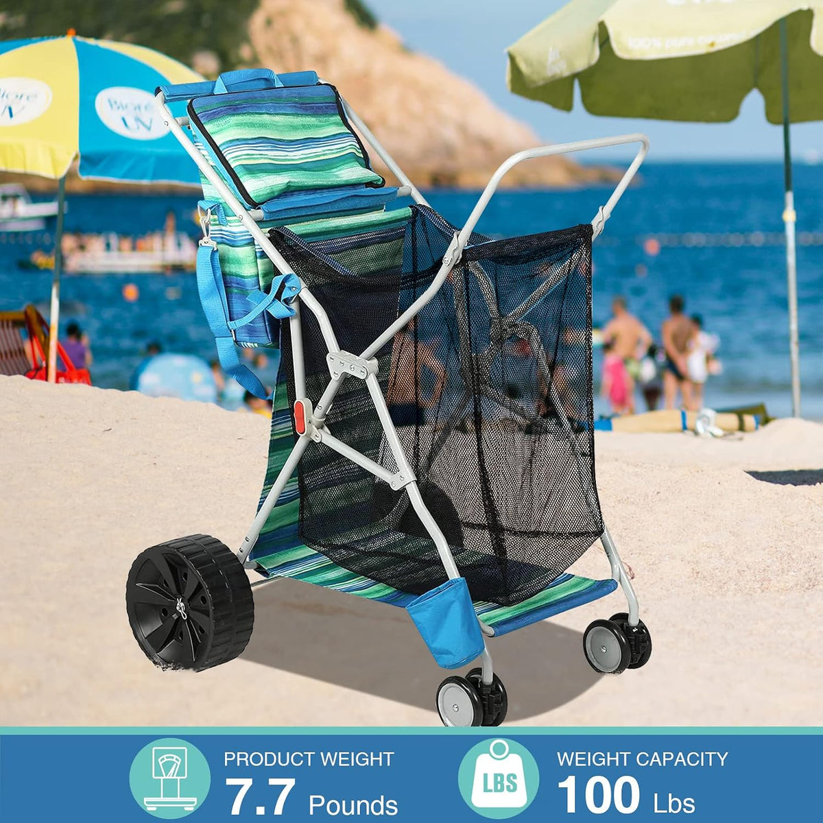 Old Bahama Bay Beach Cart with Big Wheels for Sand, Folding All Terrain Wheels Beach Wagon with Cooler Bag Umbrella Holder, Big Mesh Storage Capacity for Outdoor Camping, Supports 100lbs, Blue/Green