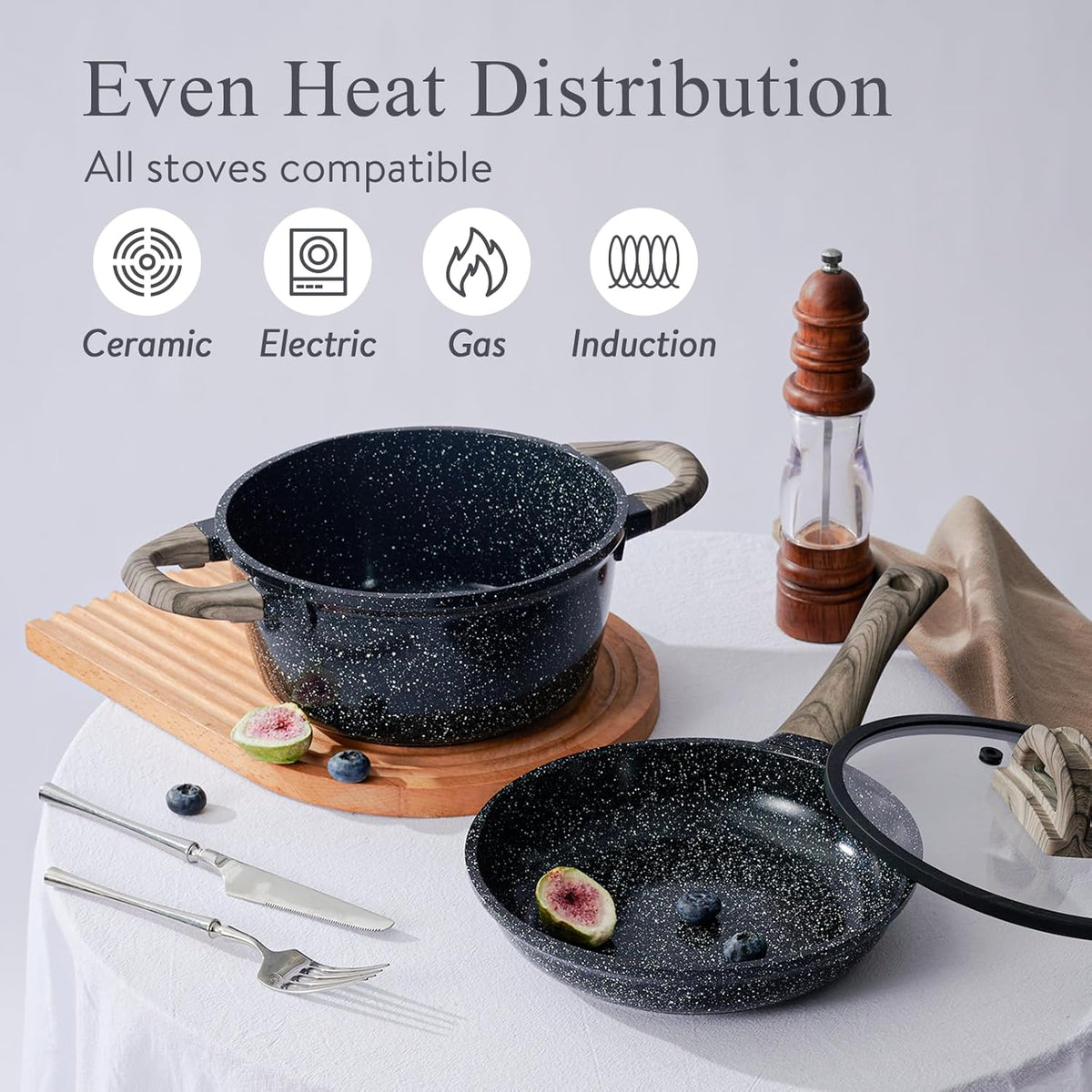 USELUCK Pots and Pans Set Non Stick Non-Toxic 22 Pcs Ceramic Cookware Sets Nonstick Kitchen Pot&Pan With Lid Jet Black Granite Induction Compatible with Glass Lids Crepe Frying Pan PFOA/PFOS-Free