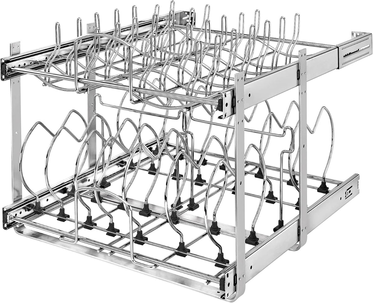 Rev-A-Shelf 2-Tier Kitchen Cabinet Pullout, Cabinet Organizer for Pots, Pans, and Lid Cookware, Adjustable Heavy Duty Wire, Chrome, Min Opening Width of 20.5', 5CW2-2122-C