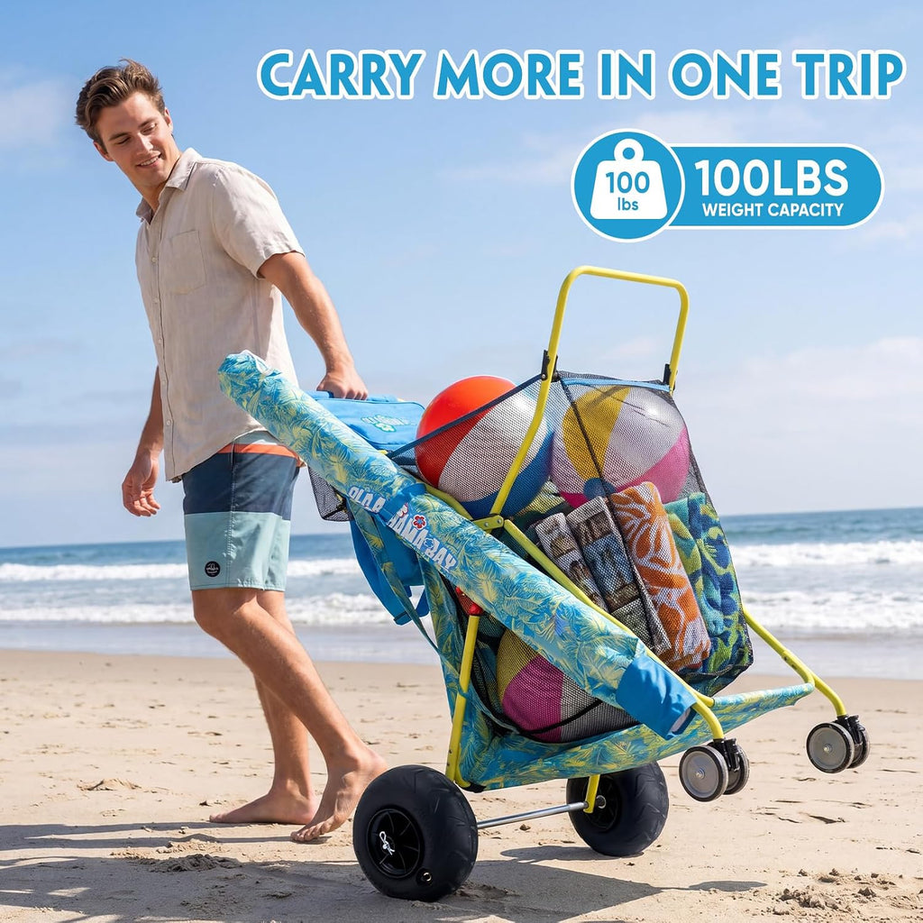 Old Bahama Bay Beach Cart with Big Balloon Wheels for Sand | Collapsible Beach Wagon with Cooler Bag, Umbrella Holder, Chair Rack & Large Mesh Storage, 100 LBS Capacity