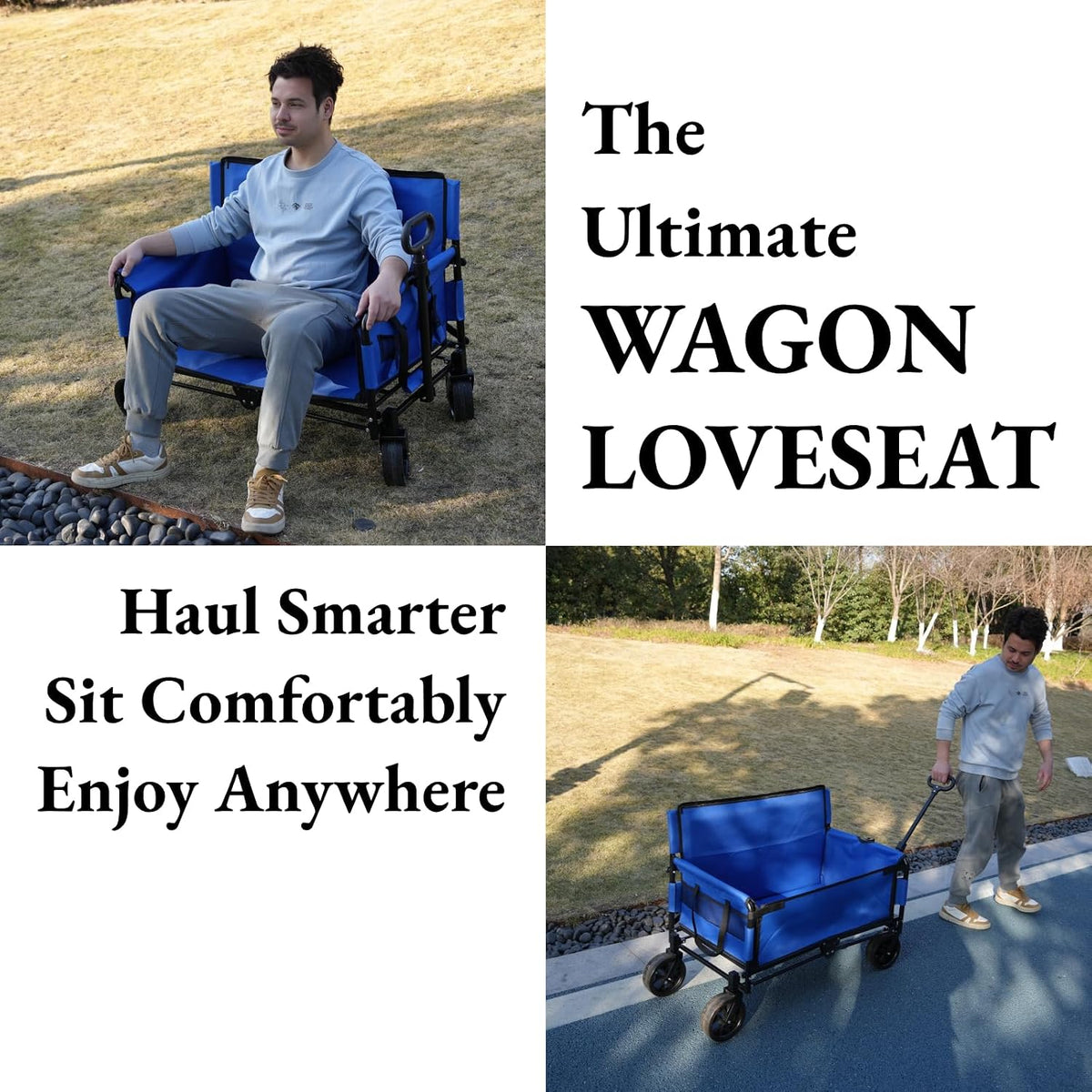 Beach Wagon Chair for Adults, Foldable Cart Converts to 2-Person Sofa, 2-in-1 Wagon Bench Love Seat Combo, Blue
