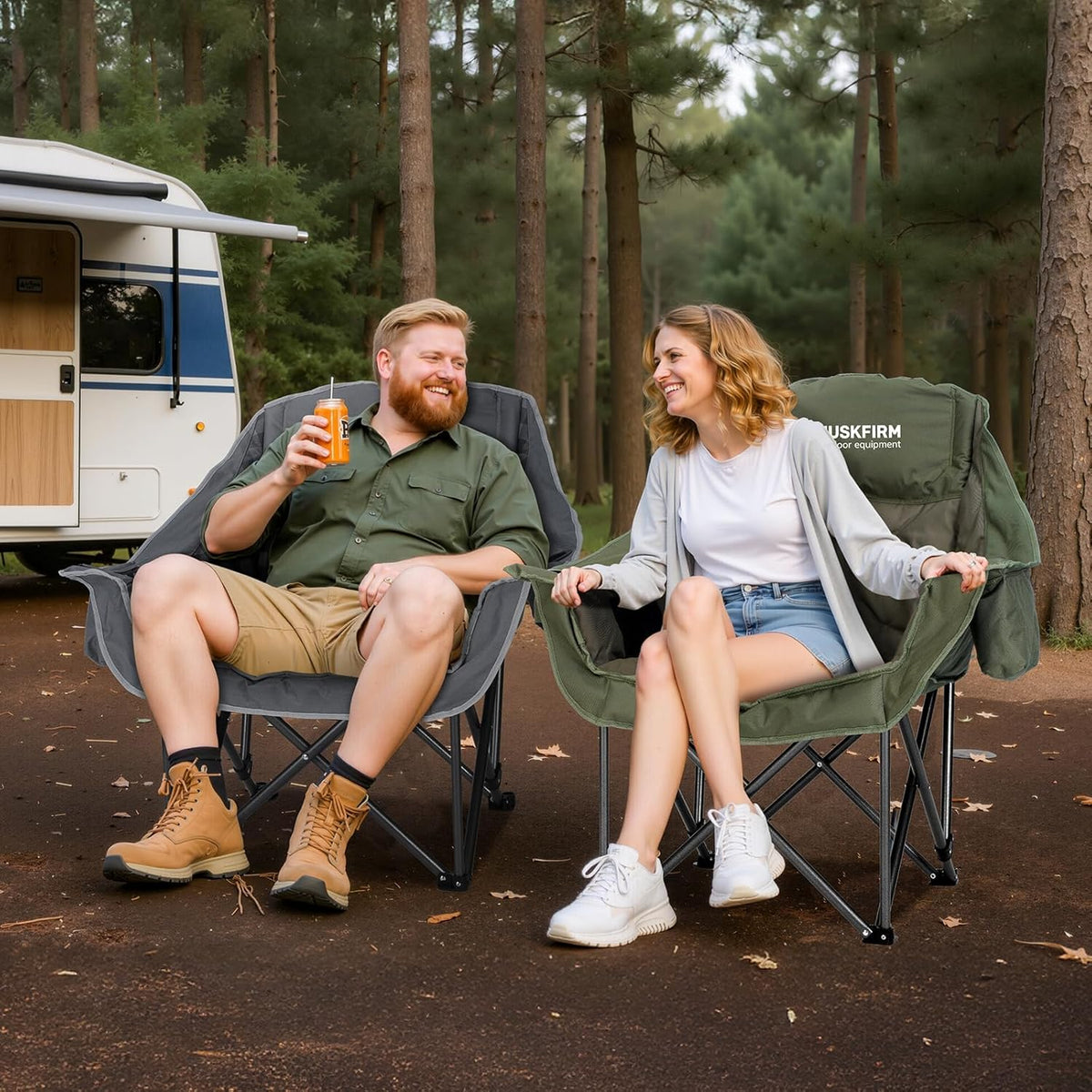 Huskfirm 2 Pack Camping Chairs Oversized Padded Camping Chair Heavy-Duty Foldable Camping Chairs with Cup Holder and Cooler Bag Portable Lawn Chair for Sports Outdoors-Support 450LBS,Green