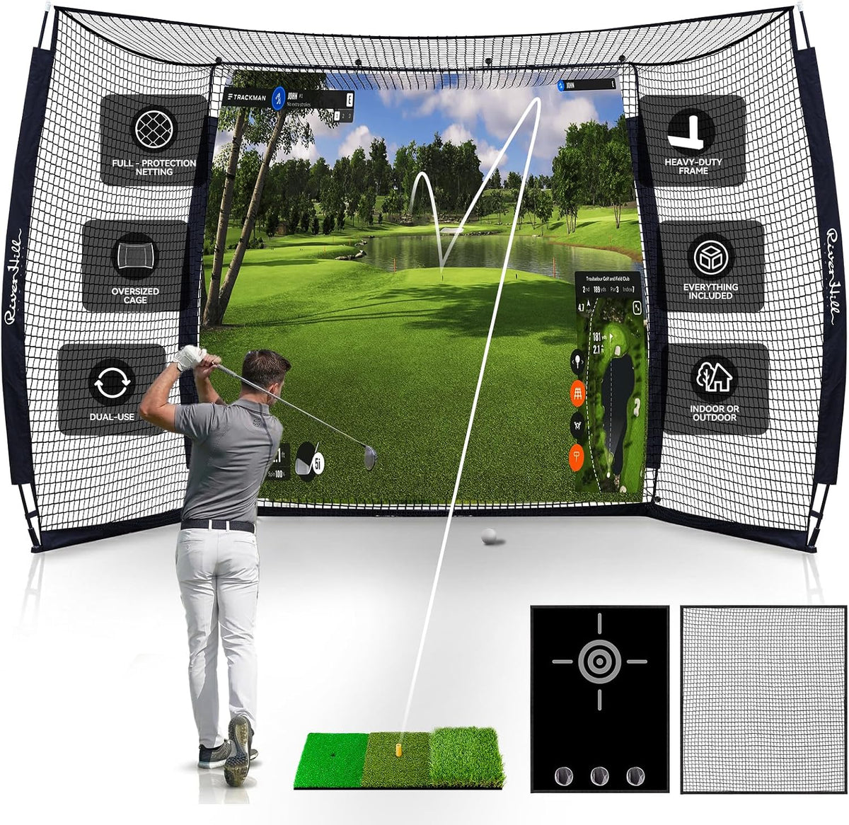Golf Cage with Impact Screen, 10x8 Ft Golf Hitting Net w/Sound-Dampening Cloth, Practice Mat, Golf Simulator Enclosure, Indoor & Outdoor Driving Chipping Equipment for Home, Backyard & Garage