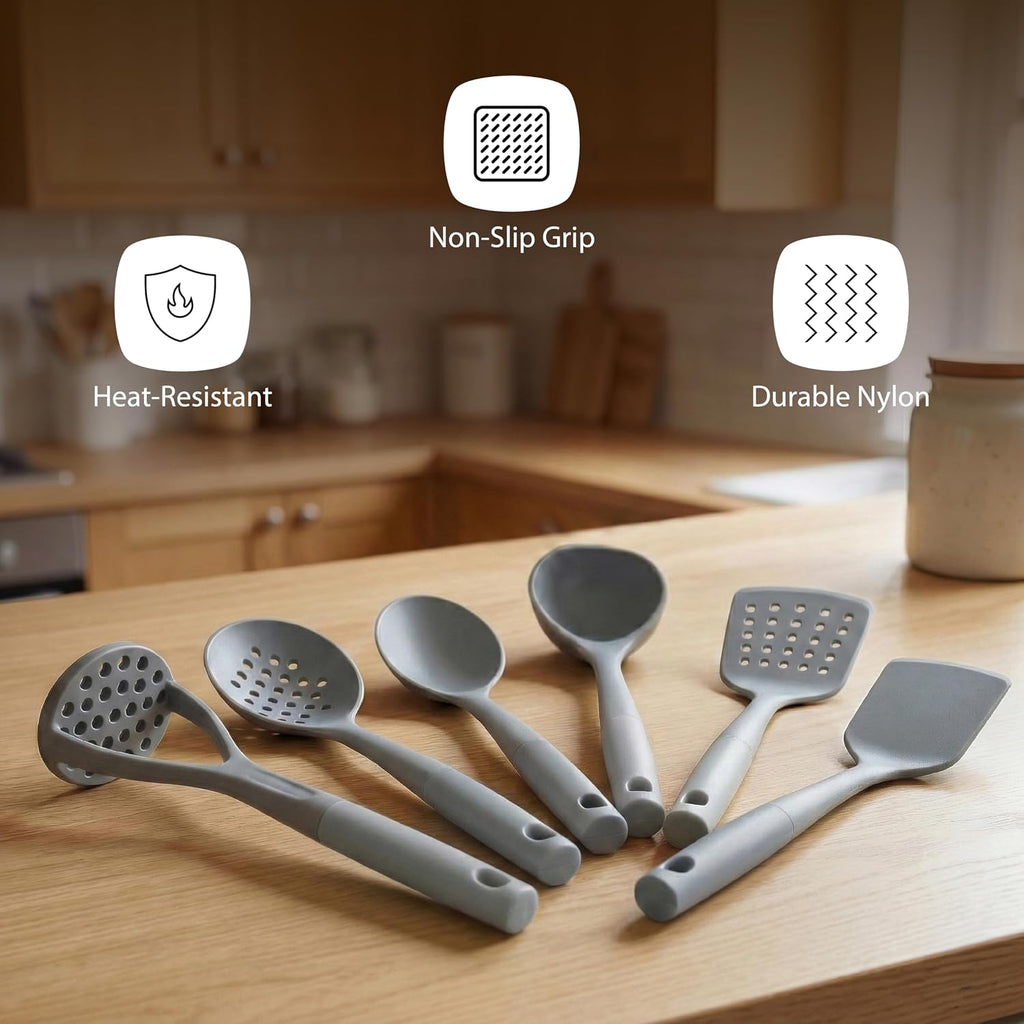 Restaurantware Silicone Utensil Set Pack of 10 Non-Slip Handle 6-Piece Nylon Kitchen Tool Set, Heat-Resistant Dishwasher-Friendly Cooking Accessories, Durable Gray and White Cooking Utensils