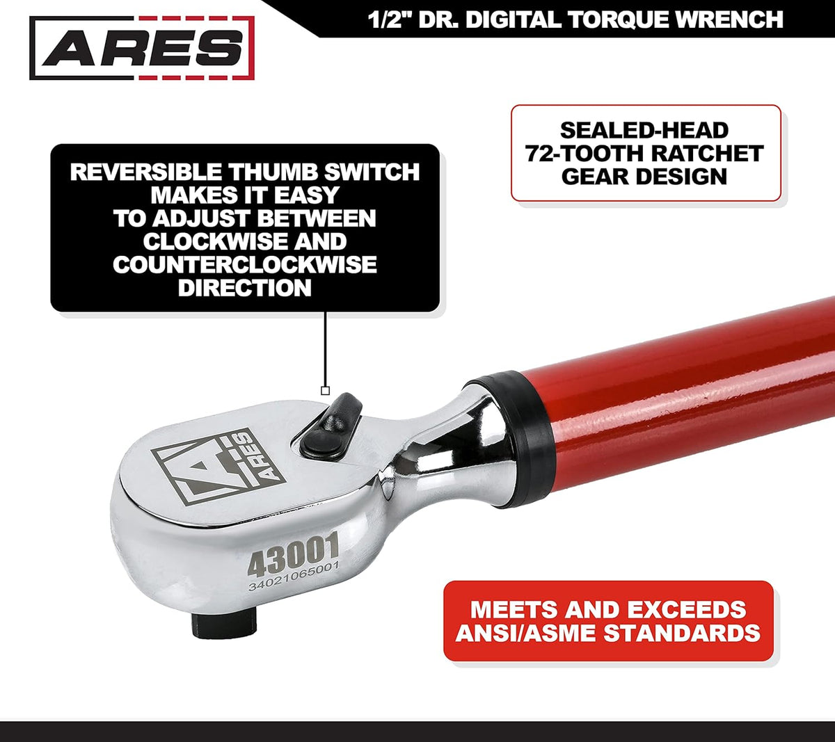 ARES 43001-1/2-Inch Drive Digital Torque Wrench – 25.1-250.8 ft-lb (30-340 Nm) Electronic Reversible Ratchet, Audio/Visual Multi-Alert, ±2% Accuracy – For Auto, Motorcycle, Mechanics
