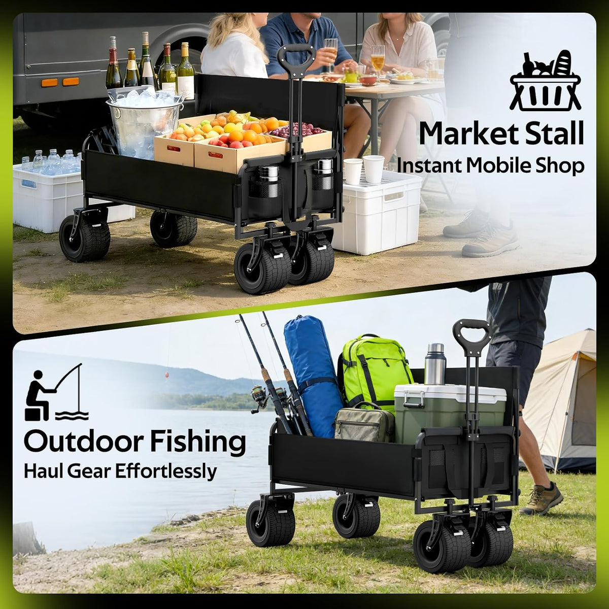 2 in 1 Wagon Bench Seat Combo - Wagon with Bench that Can Carry 500 Lbs, with Big Wheels, Wagons Carts Foldable for Camping, Outdoor Fishing, Market Stalls