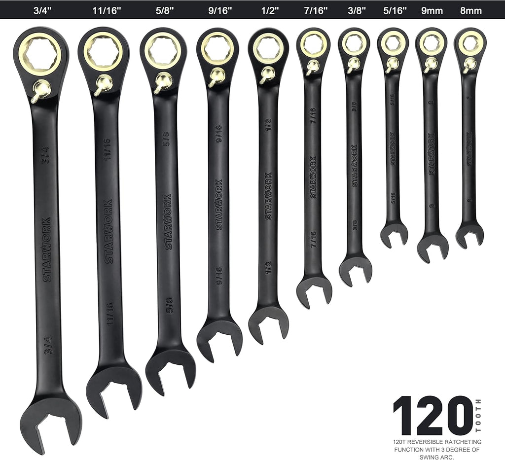STARWORK TRUE MECHANIC™ 20 Pc. 120-Tooth Reversible Ratcheting Wrench Set, Combination Ratchet Wrench Set, Non-Slip, Long Pattern, 6-Point 15° Offset, Professional, SAE/Metric(5/16-3/4' & 8-19 mm)
