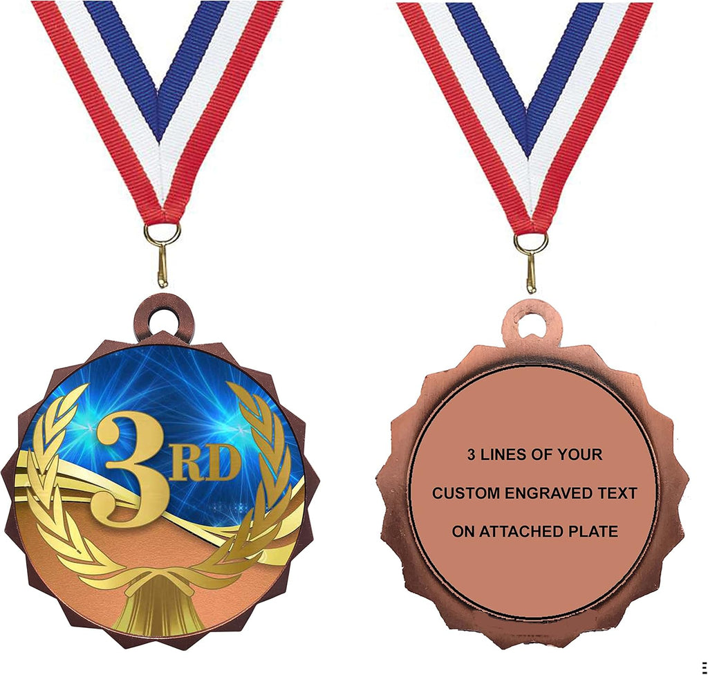 Express Medals 1 to 50 Packs of Engraved 3rd Place Bronze Medal Trophy Award with Neck Ribbon & Attached Engraved Plate on Back LAZD214-D03