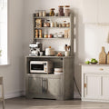 Farmhouse Bakers Rack with Power Outlets & Adjustable Shelf, Microwave Stand with Storage Cabinet - Kitchen Hutch, Coffee Bar Cabinet for Pantry Organization, Spices, Dishes & Cookware (Gray)
