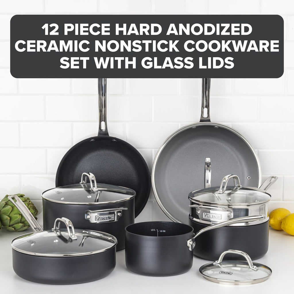 Viking Cookware Set, 12 Piece Hard Anodized Ceramic Nonstick Kitchen Cookware with Glass Lids, Made without PFAS, Oven Safe, Induction Ready