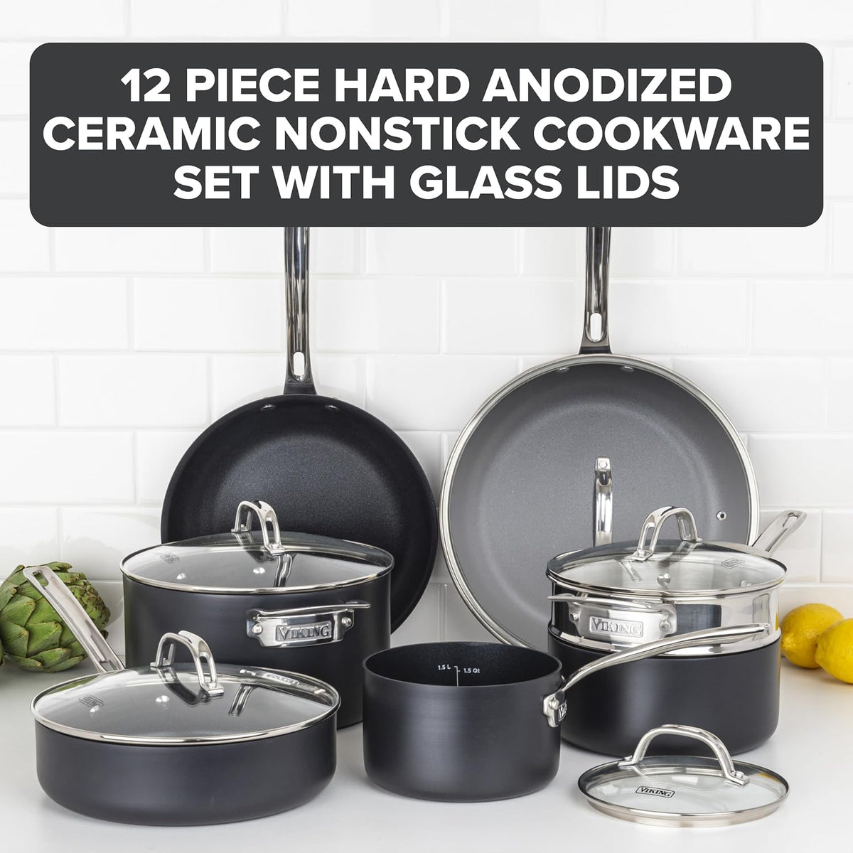 Viking Cookware Set, 12 Piece Hard Anodized Ceramic Nonstick Kitchen Cookware with Glass Lids, Made without PFAS, Oven Safe, Induction Ready