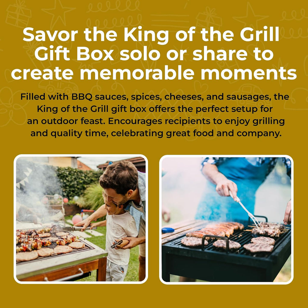Gift Basket Village King of the Grill Gift Box - Includes BBQ Sauces, Burger Spice Blends, Cheese, Sausages, Grilling Accessories & More - Gifts for Men - BBQ Gift Set for Birthday, Anniversary & More