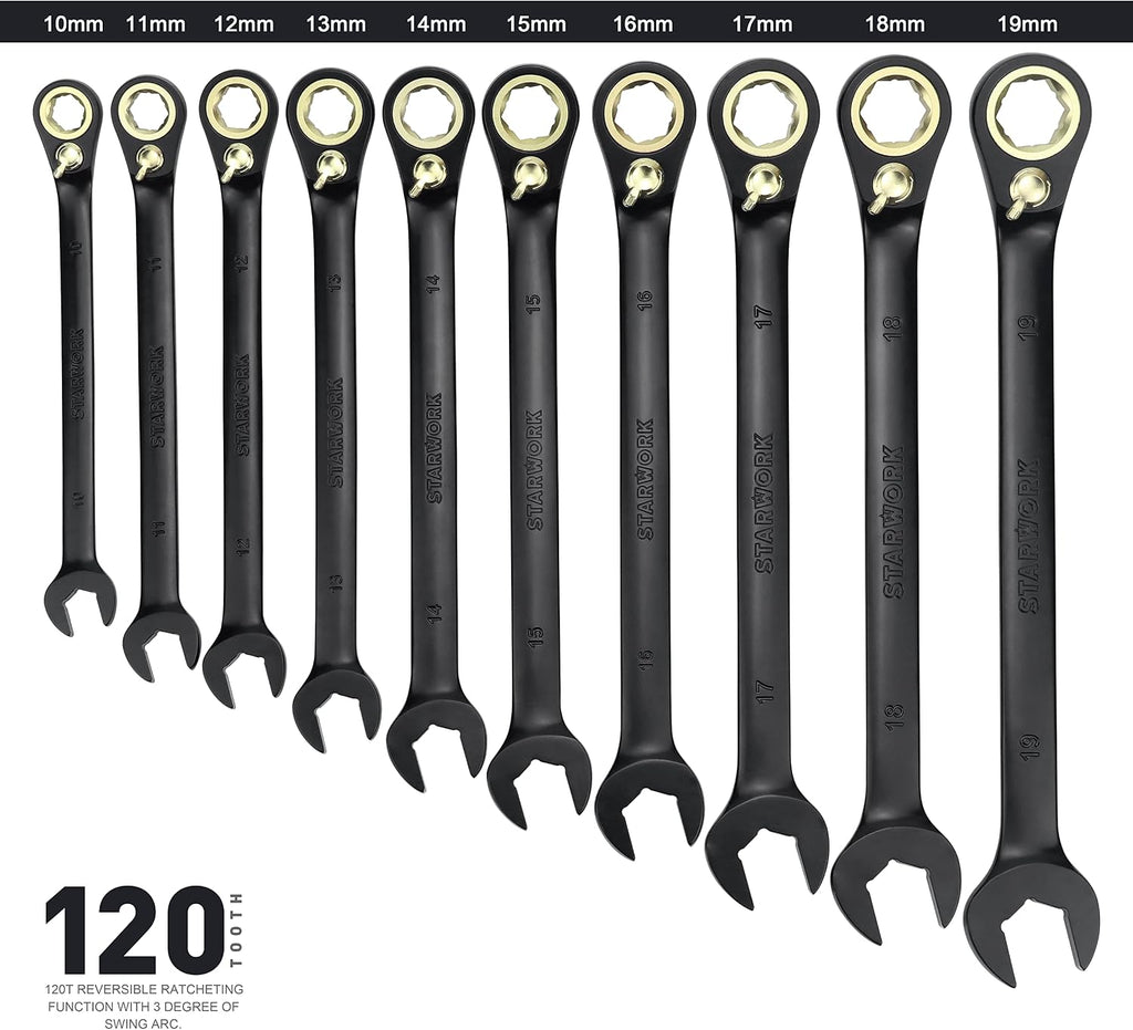 STARWORK TRUE MECHANIC™ 20 Pc. 120-Tooth Reversible Ratcheting Wrench Set, Combination Ratchet Wrench Set, Non-Slip, Long Pattern, 6-Point 15° Offset, Professional, SAE/Metric(5/16-3/4' & 8-19 mm)