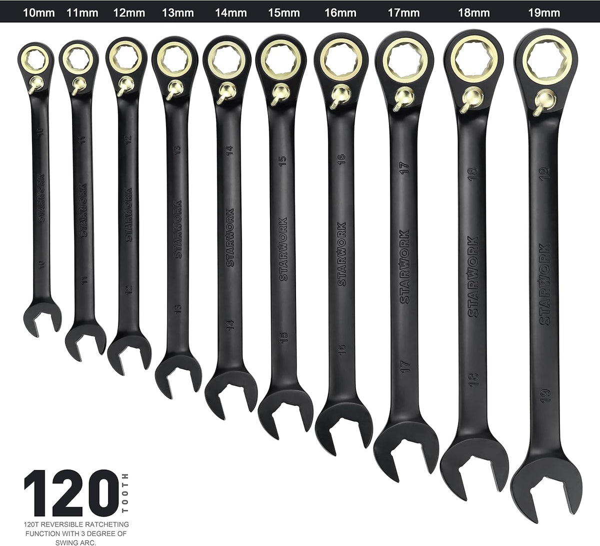 STARWORK TRUE MECHANIC™ 20 Pc. 120-Tooth Reversible Ratcheting Wrench Set, Combination Ratchet Wrench Set, Non-Slip, Long Pattern, 6-Point 15° Offset, Professional, SAE/Metric(5/16-3/4' & 8-19 mm)