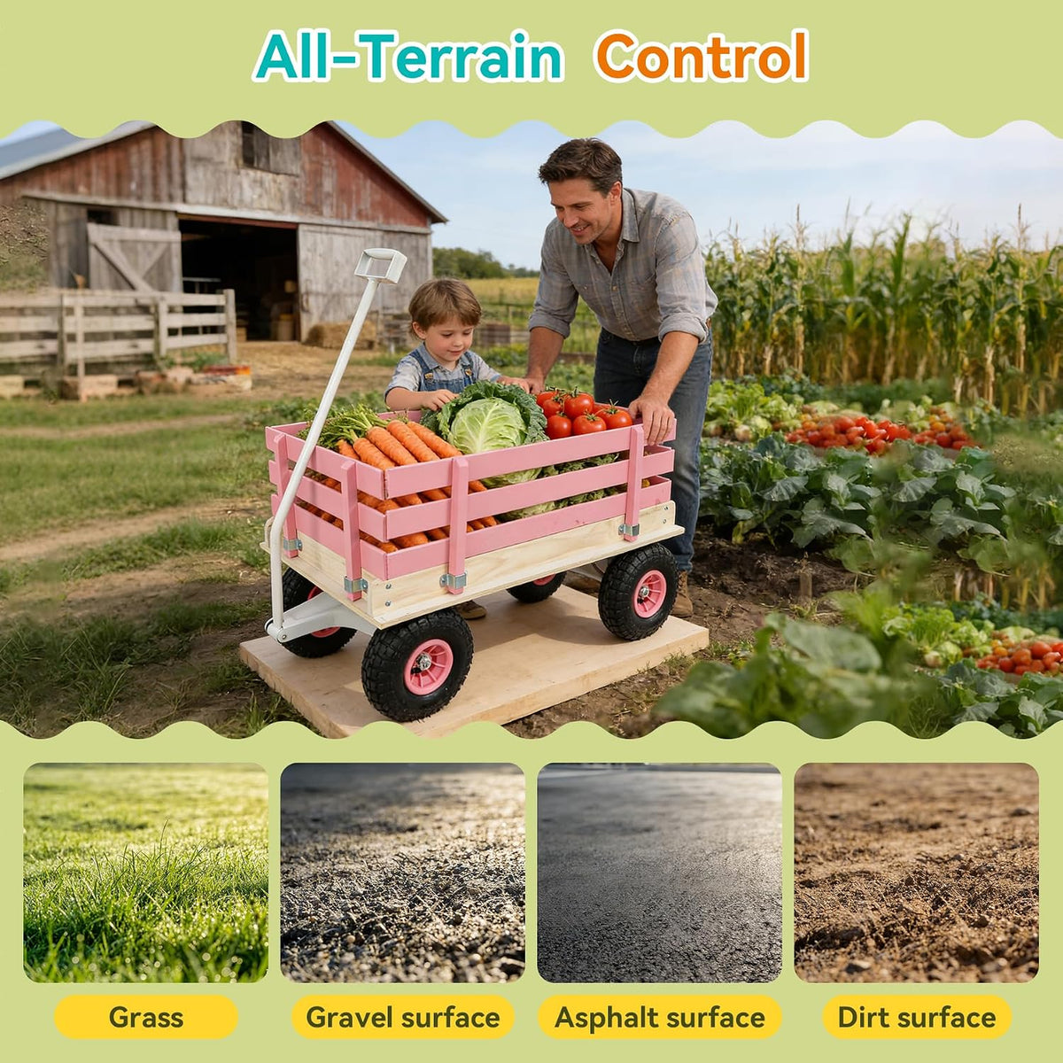 Garden Cart with Removable Side Panels, 176 lbs Capacity - Heavy-Duty Steel Yard Cart with Pneumatic Tires, Ideal for Gardening, Beach Use, and More (Pink-White Handle)