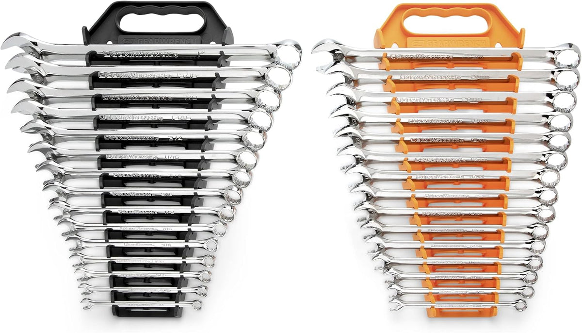 GEARWRENCH 30 Piece 12 Point Long Pattern Combination SAE/Metric Wrench Set with Wrench Racks (1/4-1 in., 8-22 mm) - 81937