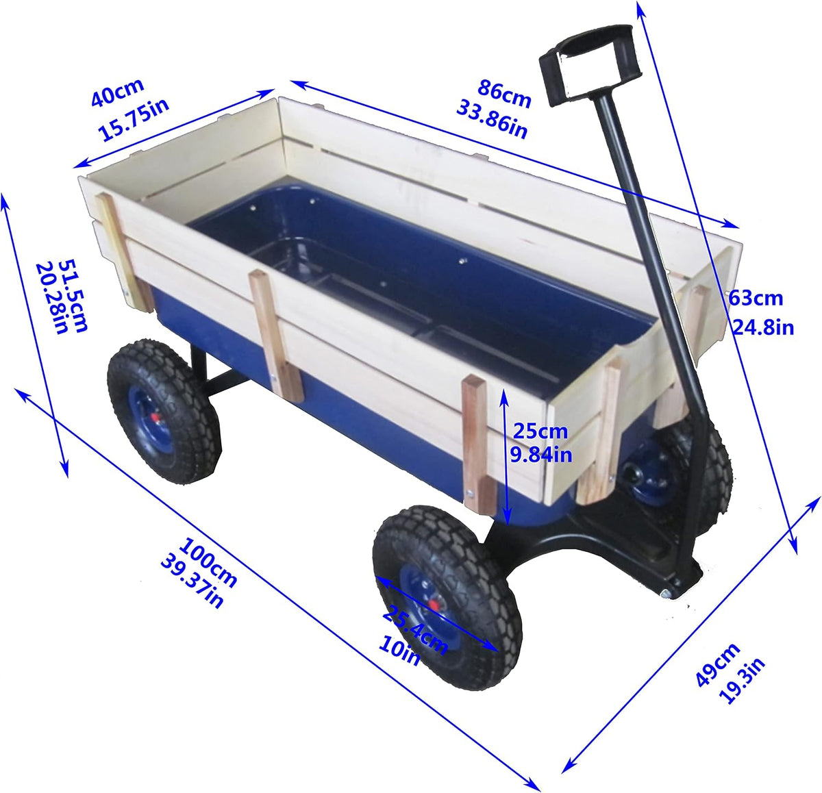 Outdoor Sport All Terrain Pulling Wagon With Removable Wooden Side Panels, Air Tires, Big Foot Panel, Sturdy Steel Bed, Kids' Pull-Along (Blue)