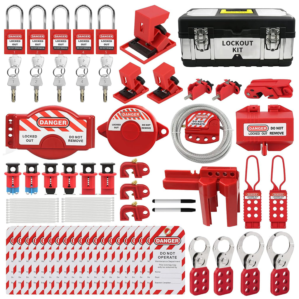 74 PCS Lockout Tagout Kit Electrical Loto Device,Lock Out Tag Out Station Clamp-On Universal Multi-Pole Circuit Breaker Locks,Hasps,Safety Padlocks,Loto Tags with Nylon Ties(Black Box)