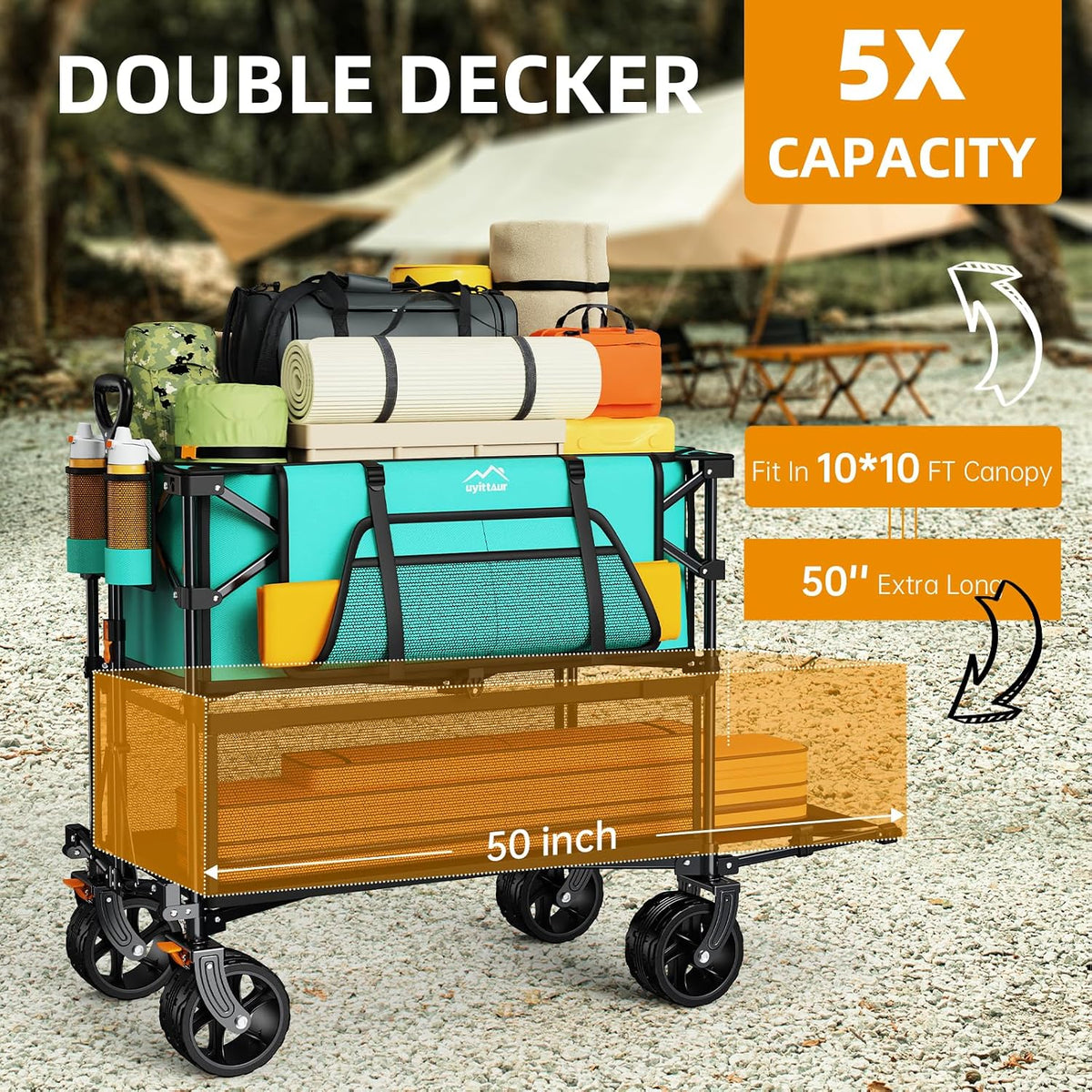 Uyittour Foldable 50''L Extra Long Double Decker Wagon for Sport, 400L Collapsible Heavy Duty Wagon Cart with Big Wheels, Utility All-Terrain Large Extender Cart for Outdoors, Light Blue