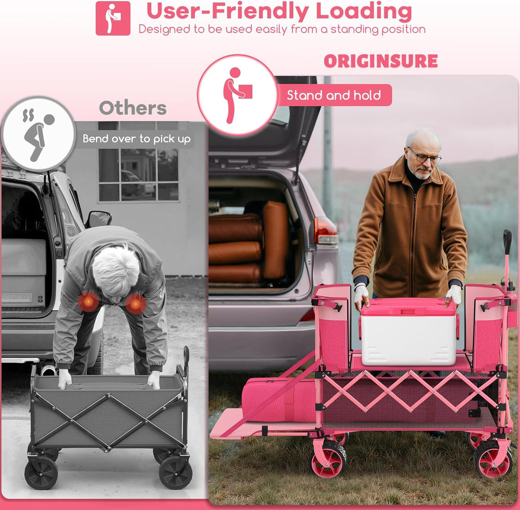400L Double Decker Wagon Collapsible with 54' L Tailgate, 560lbs Heavy Duty Wagons Carts Foldable, Extra Large Folding Beach Wagon with Big All-Terrain Wheels for Camping, Sports, Groceries, Pink