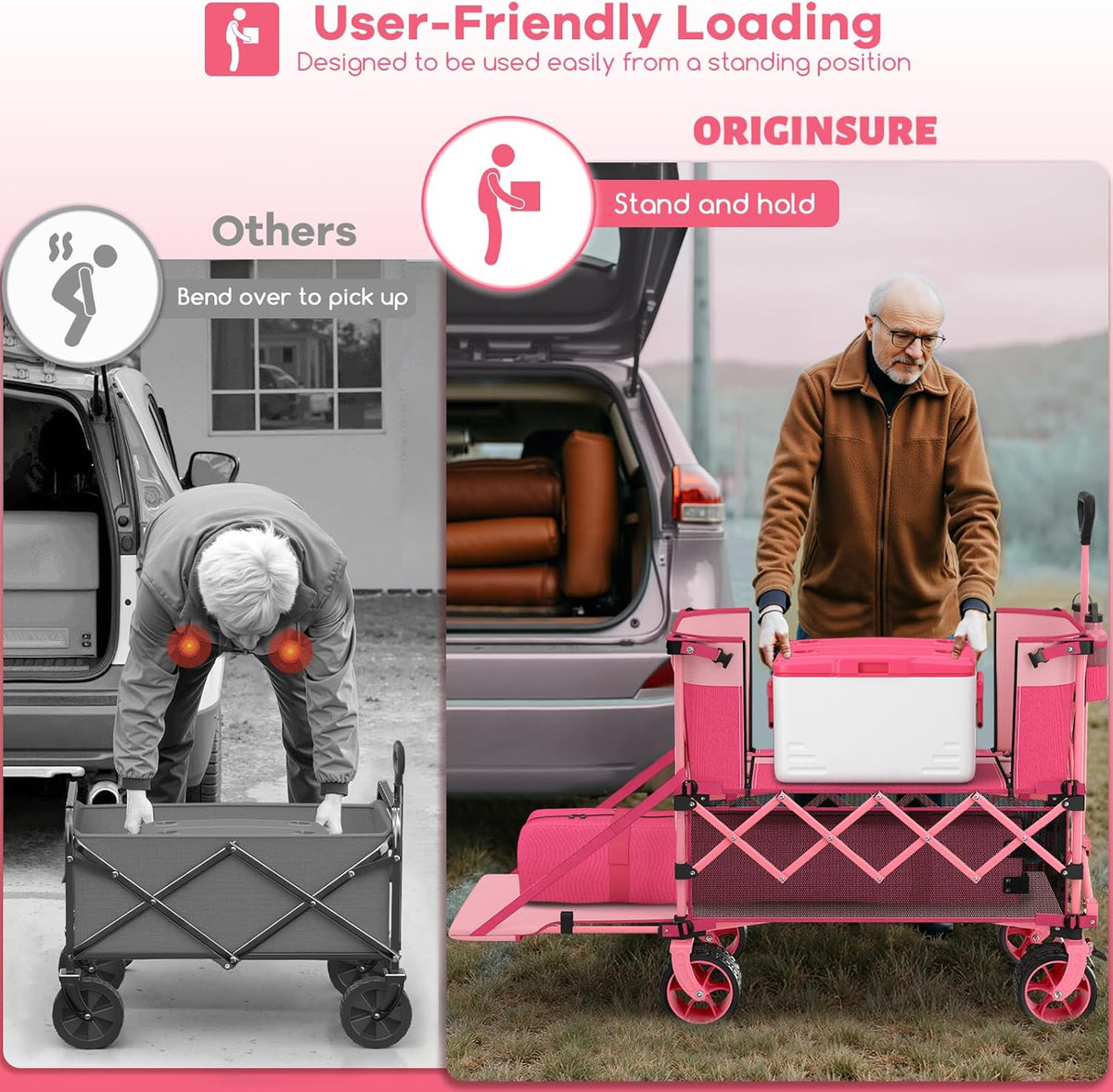 400L Double Decker Wagon Collapsible with 54' L Tailgate, 560lbs Heavy Duty Wagons Carts Foldable, Extra Large Folding Beach Wagon with Big All-Terrain Wheels for Camping, Sports, Groceries, Pink