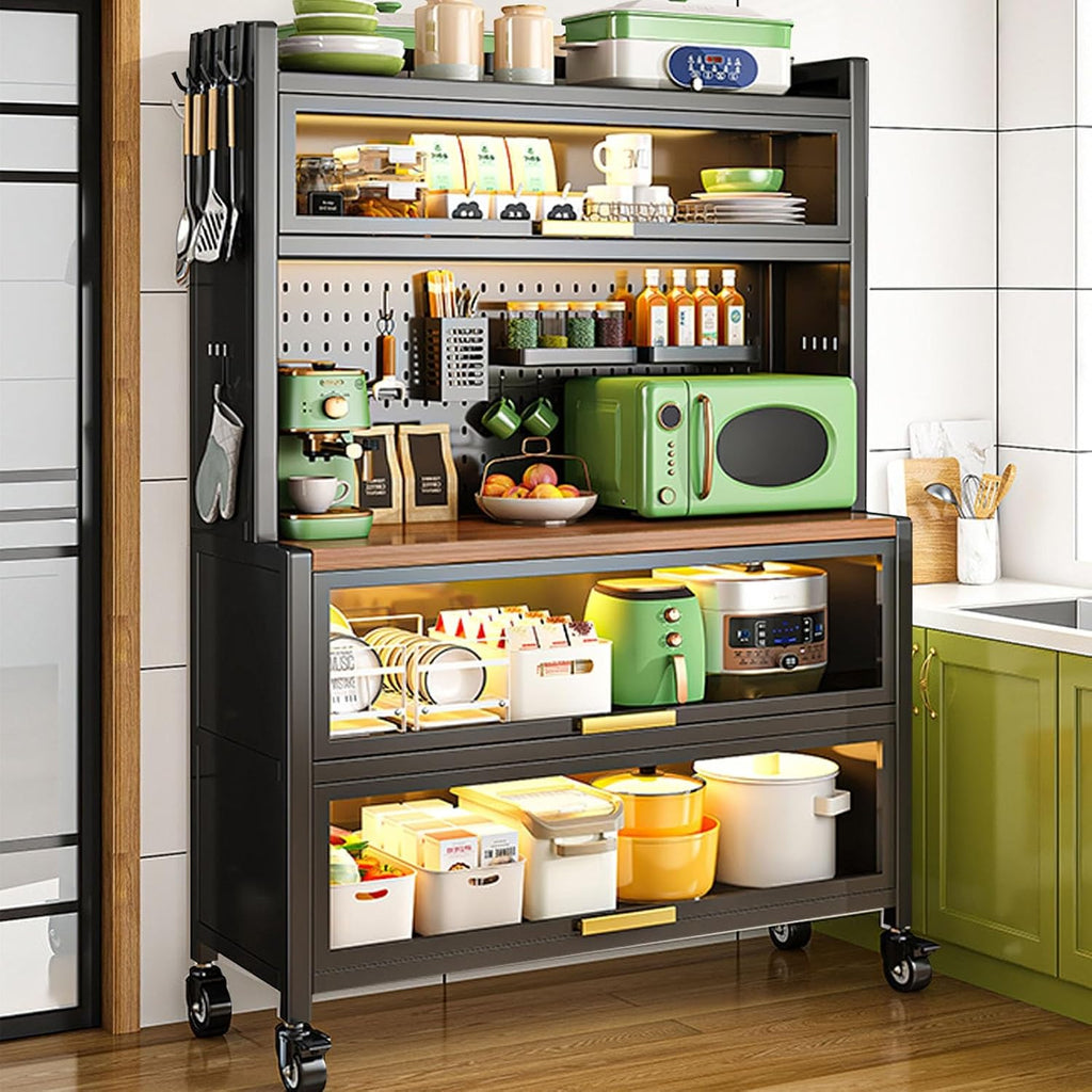 Black 5-Tier Kitchen Bakers Rack with Power Outlets & Wheels, Large Storage Shelf for Garage, Pantry & Home - 60cm/23.6in Kitchen Cabinet Organizer