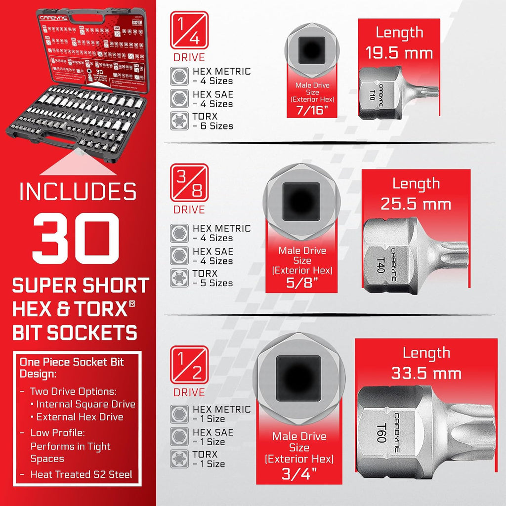 CARBYNE 80-Piece Master Torx, SAE Hex (Allen) and Metric Hex (Allen) Bit Socket Set with 30 Stubby Low Profile Super Short, S2 Steel Bits, CrV Sockets, 1/4 3/8 1/2 in. Drive, Durable Case