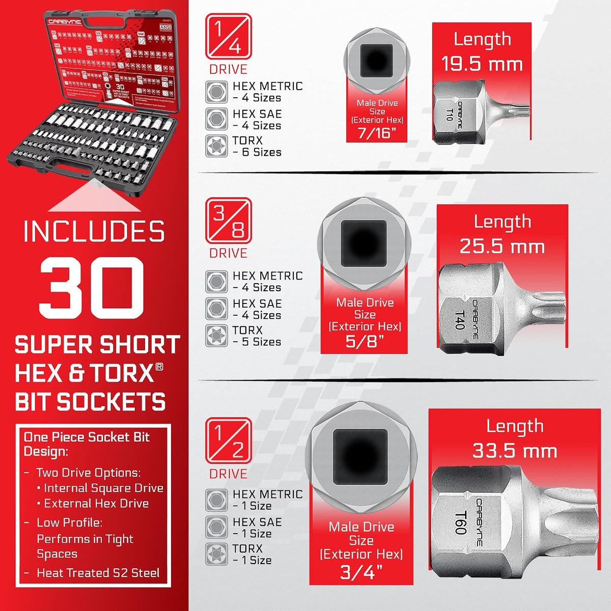 CARBYNE 80-Piece Master Torx, SAE Hex (Allen) and Metric Hex (Allen) Bit Socket Set with 30 Stubby Low Profile Super Short, S2 Steel Bits, CrV Sockets, 1/4 3/8 1/2 in. Drive, Durable Case