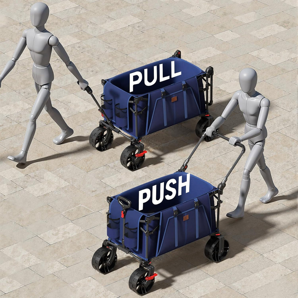 EVER ADVANCED Folding Push Wagon with Canopy, Portable Shopping Cart with Brakes, Collapsible Wagon Cart with All-Terrain Big Wheels for Camping, Beach, Sports