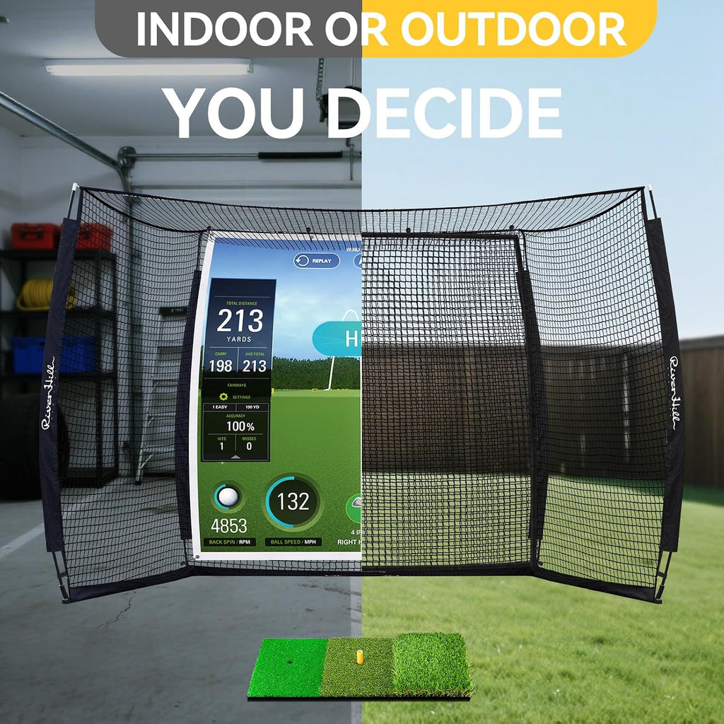 Golf Cage with Impact Screen, 10x8 Ft Golf Hitting Net w/Sound-Dampening Cloth, Practice Mat, Golf Simulator Enclosure, Indoor & Outdoor Driving Chipping Equipment for Home, Backyard & Garage