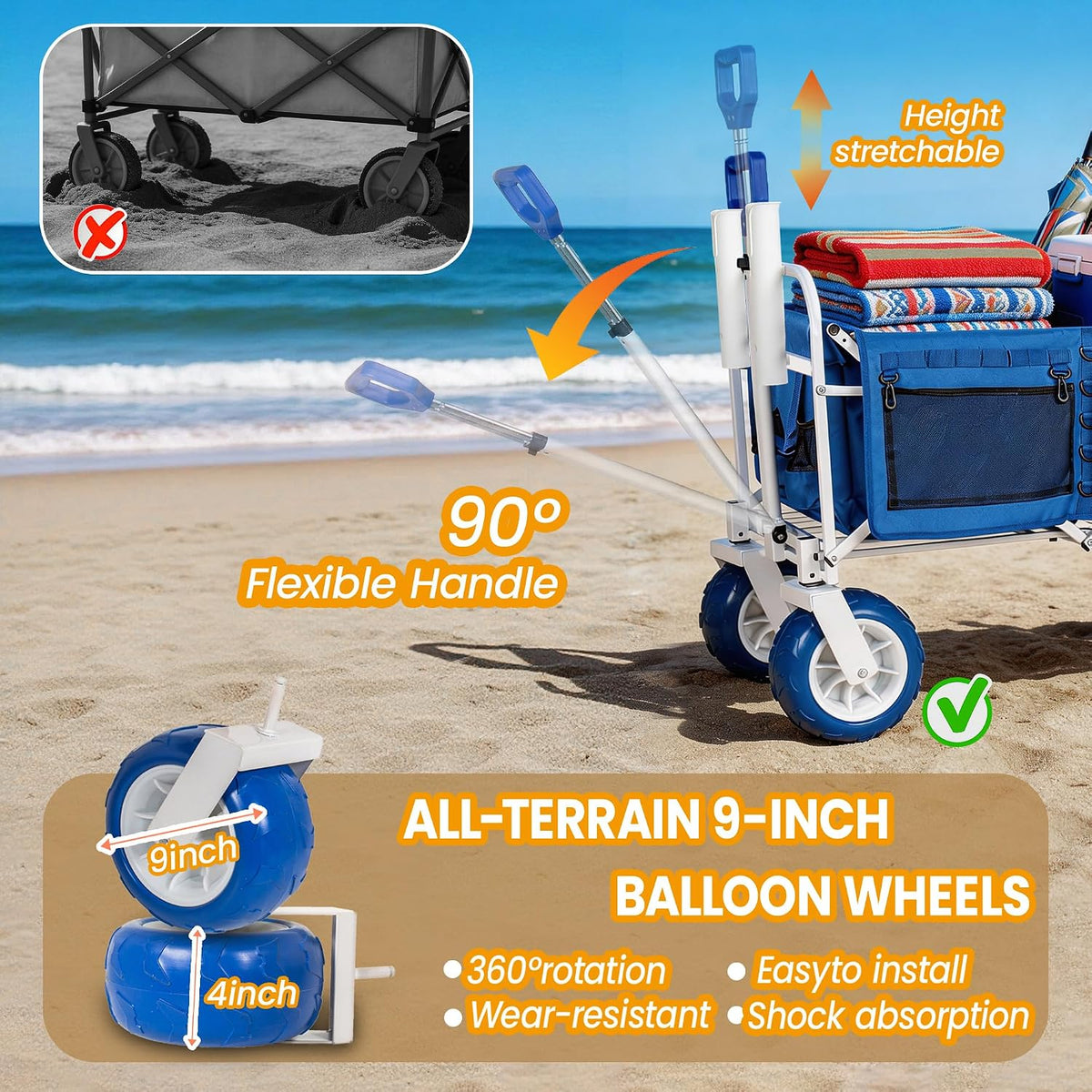 Beach Wagon Cart with Rod Holders & 9' All-Terrain Wheels, 500lbs Heavy Duty Collapsible Folding Utility Wagon with Cooler Storage Bags, Adjustable Handle for Beach Camping Fishing Outdoor Sports