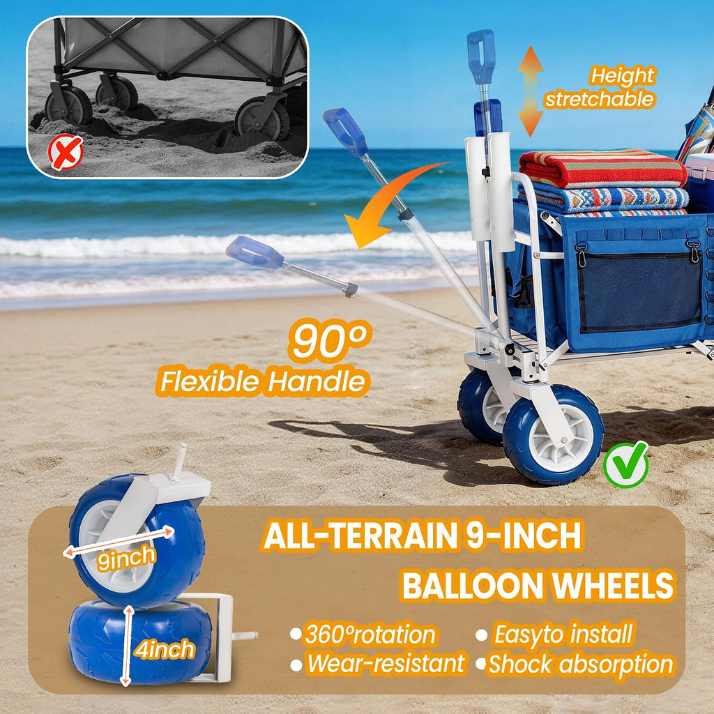 Beach Fishing Wagon Cart with All-Terrain Big Wheels, 500lbs Load, Heavy Duty Wagons Carts Foldable with Removable Cooler & Storage Bags for Shopping Garden Sports Camping Outdoor (Blue)