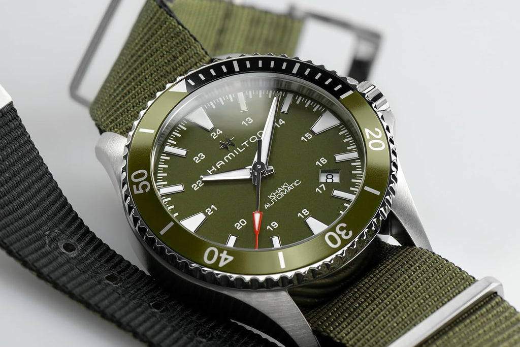 Hamilton Khaki Navy Automatic Men's Watch, 40mm Stainless Steel Case, Swiss Made, Green Dial Analog Wrist Watch for Men, 100m Waterproof, Sapphire Crystal, 3-Hand Movement, Textile Strap