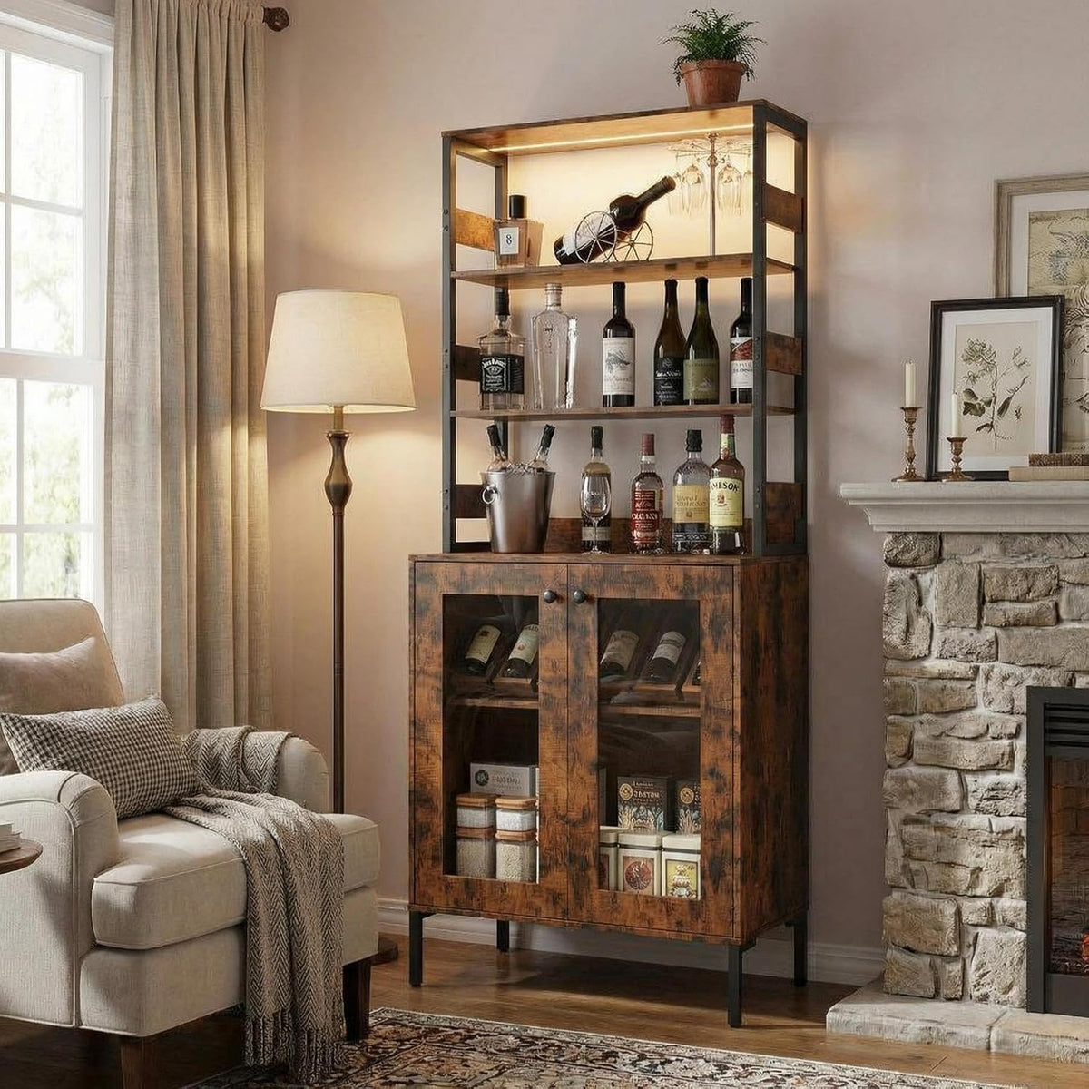 IDEALHOUSE 67' Tall Wine Bar Cabinet for Liquor and Glasses,Farmhosue Coffee Bar Cabinet,Pantry Storage with RGB LED Lights,Power Outlet,Adjustable Shelves,for Home,Dining Room,Kitchen(Brown)