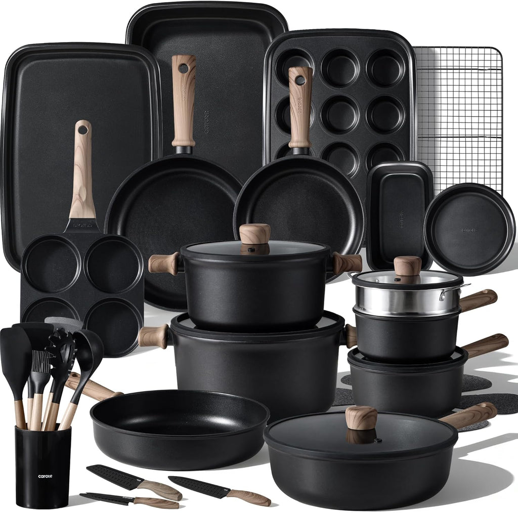 CAROTE 44pcs Nonstick Kitchen Titanium Cookware Sets, Nonstick Pots and Pans, Induction Cookware Set Kitchen Cooking Sets, Non Stick w/Frying Pan,Black