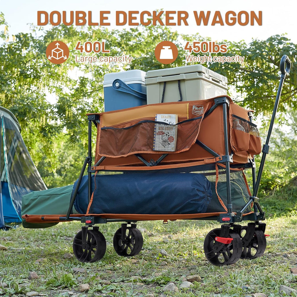 TIMBER RIDGE 400L Large Capacity Folding Double Decker Wagon with Brakes, 54' Extra Long Extender Wagon Cart, 450lbs Heavy Duty Collapsible Cart, All-Terrain Big Wheels for Camping, Sports, Shopping