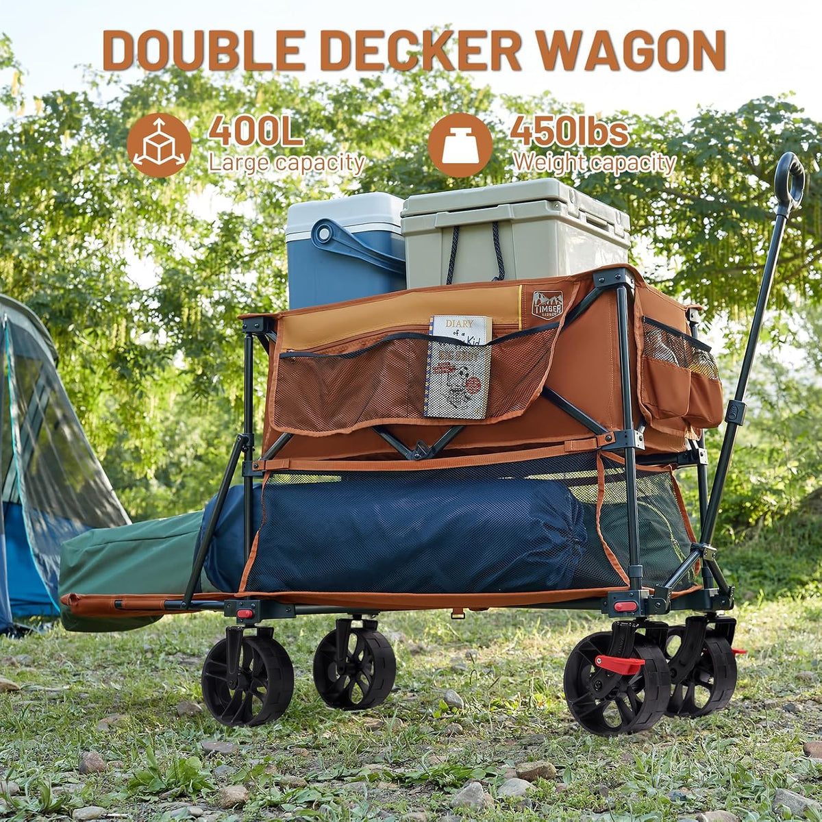 TIMBER RIDGE 400L Large Capacity Folding Double Decker Wagon&TIMBER RIDGE Oversized Folding Camping Chair