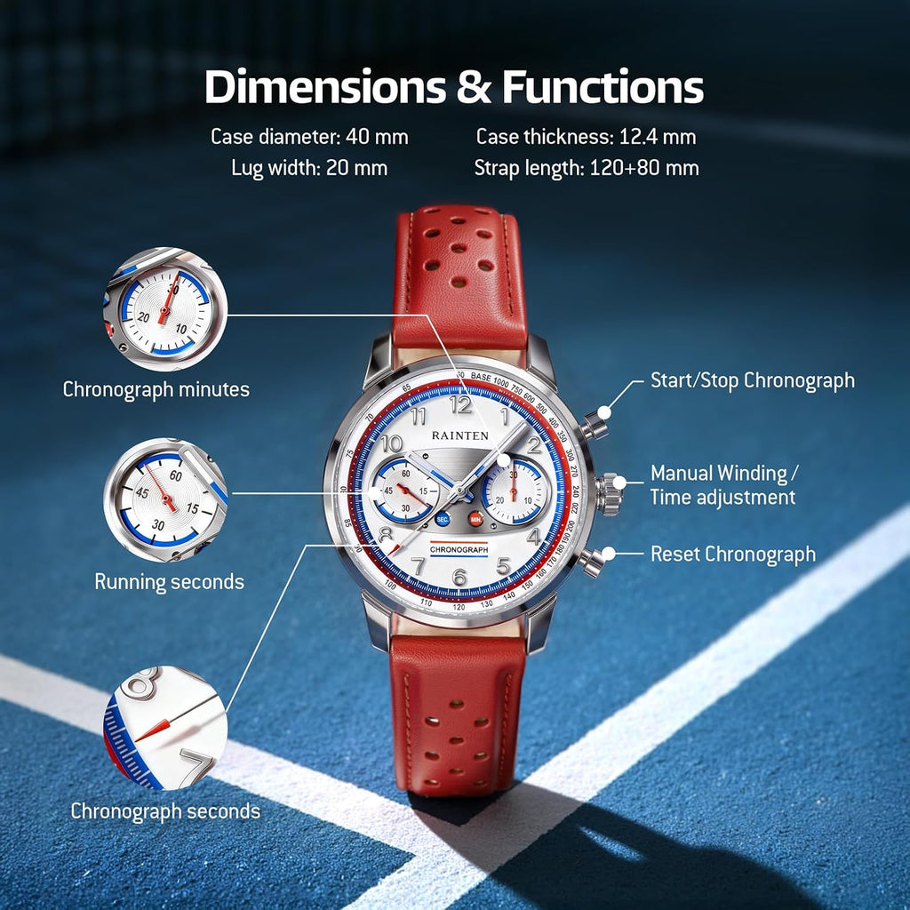 RAINTEN Chronograph Watch, Mechanical Watch for Men, Case 40mm, Seagull St19 | Stainless Steel with Genuine Leather Strap and Sapphire Crystal, Nylon Strap, Gifts- R9032, R9031B, R9031, R9031A