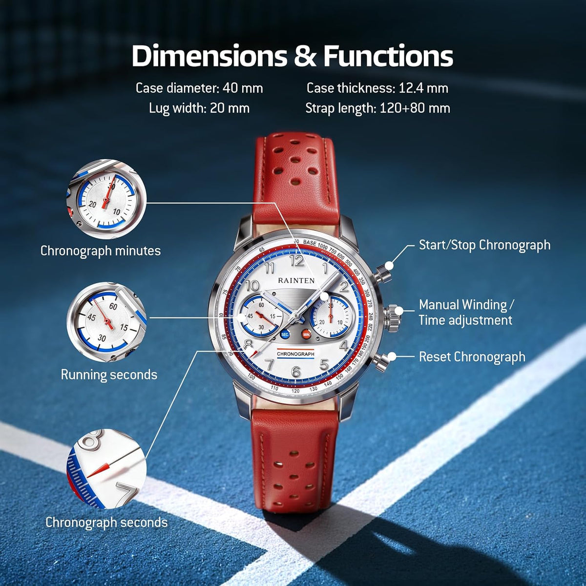 RAINTEN Chronograph Watch, Mechanical Watch for Men, Case 40mm, Seagull St19 | Stainless Steel with Genuine Leather Strap and Sapphire Crystal, Nylon Strap, Gifts- R9032, R9031B, R9031, R9031A