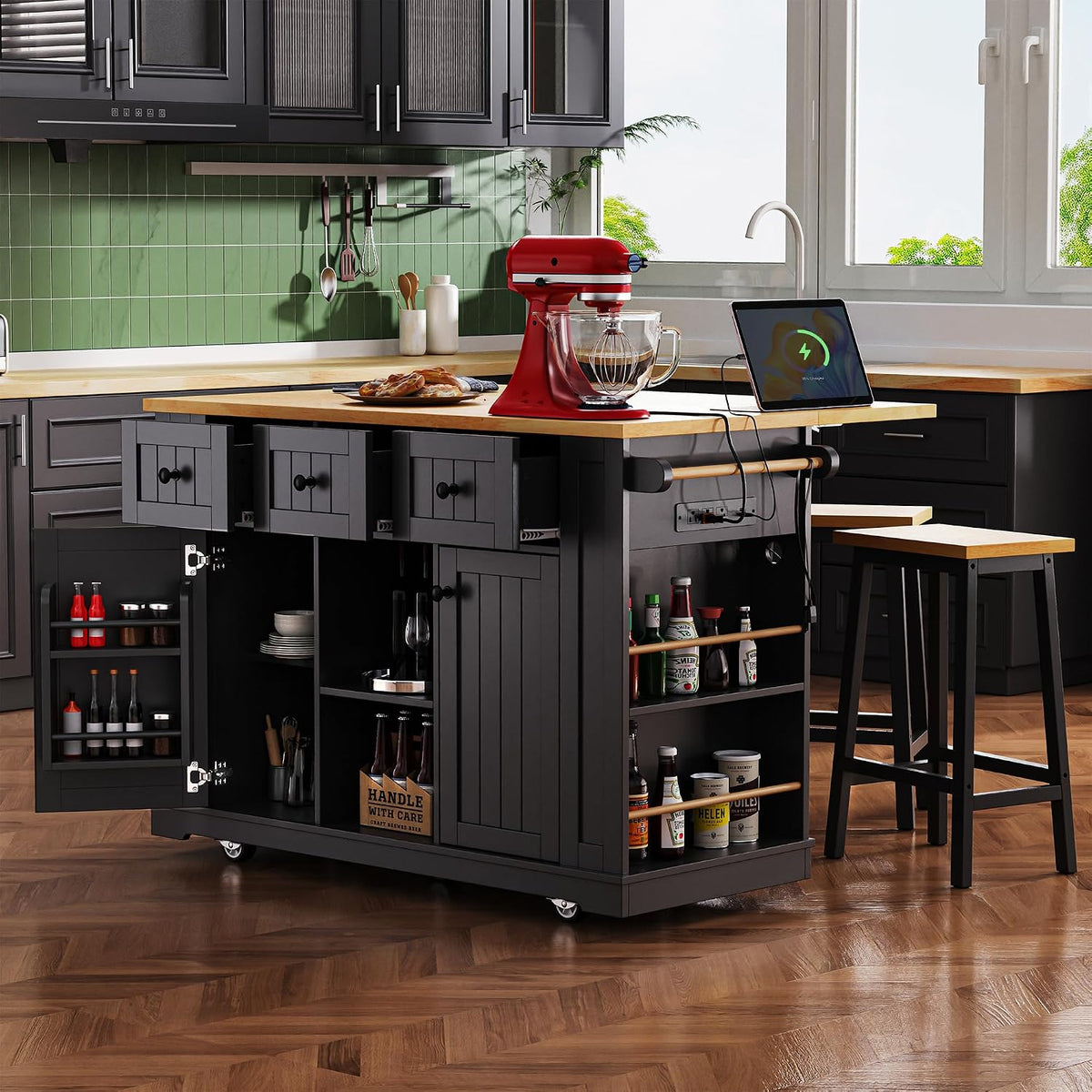 53inch Large Kitchen Island with Drop Leaf, Power Outlet, Internal Storage Rack, Rolling Kitchen Cart On 5 Wheels with 5 Open Side Racks for Kitchen, Dining Room, Black