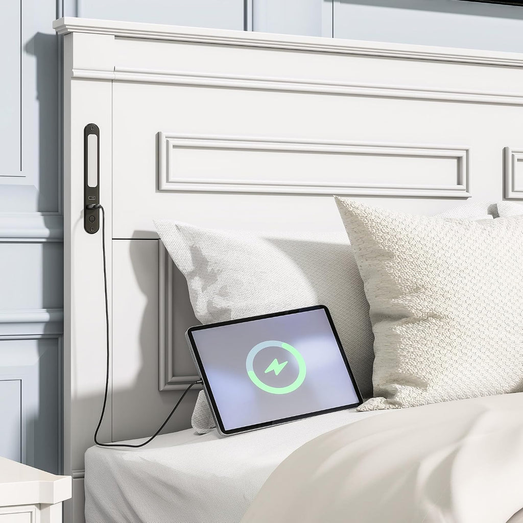 Queen Size Wood Platform Bed with Headboard, LED Light & Charging Station, Elegant Rustic Style Platform Bed Frame with Storage Drawers, No Box Spring Needed, Space Saving Design, White