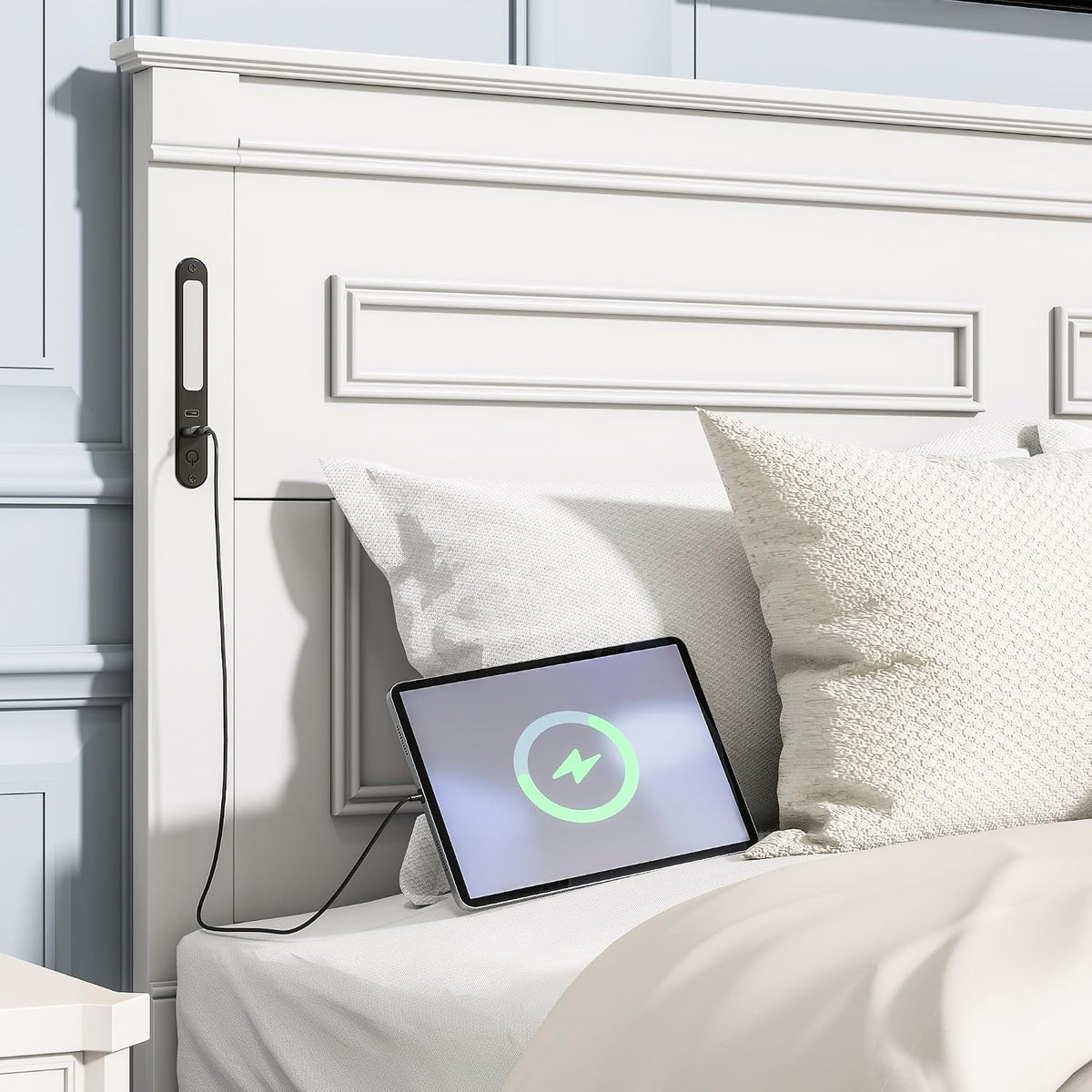 Queen Size Wood Platform Bed with Headboard, LED Light & Charging Station, Elegant Rustic Style Platform Bed Frame with Storage Drawers, No Box Spring Needed, Space Saving Design, White