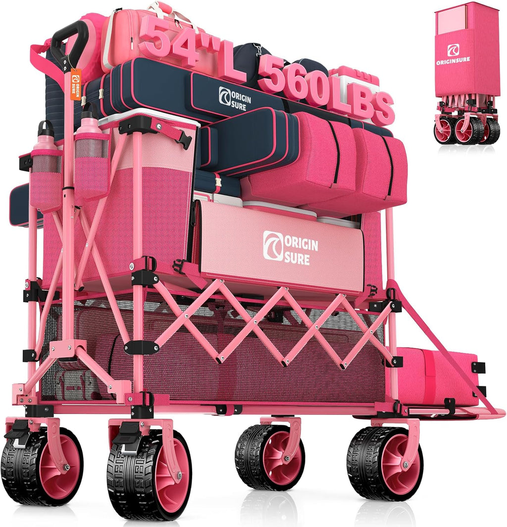 400L Double Decker Wagon Collapsible with 54' L Tailgate, 560lbs Heavy Duty Wagons Carts Foldable, Extra Large Folding Beach Wagon with Big All-Terrain Wheels for Camping, Sports, Groceries, Pink