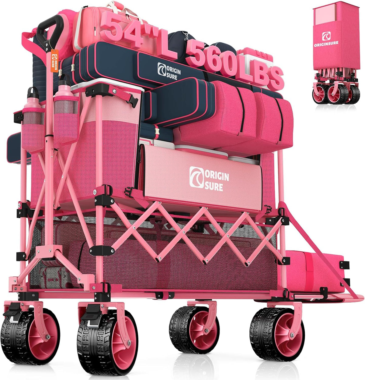400L Double Decker Wagon Collapsible with 54' L Tailgate, 560lbs Heavy Duty Wagons Carts Foldable, Extra Large Folding Beach Wagon with Big All-Terrain Wheels for Camping, Sports, Groceries, Pink