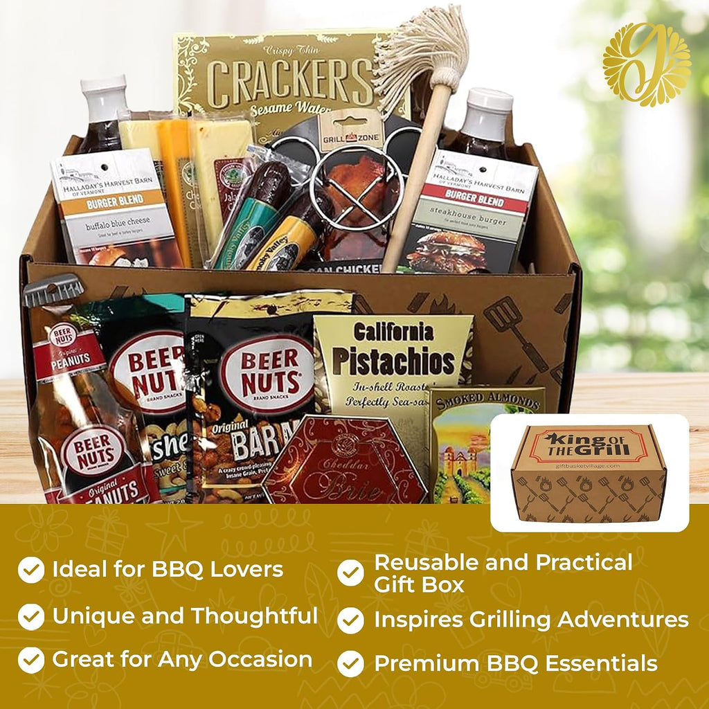 Gift Basket Village King of the Grill Gift Box - Includes BBQ Sauces, Burger Spice Blends, Cheese, Sausages, Grilling Accessories & More - Gifts for Men - BBQ Gift Set for Birthday, Anniversary & More