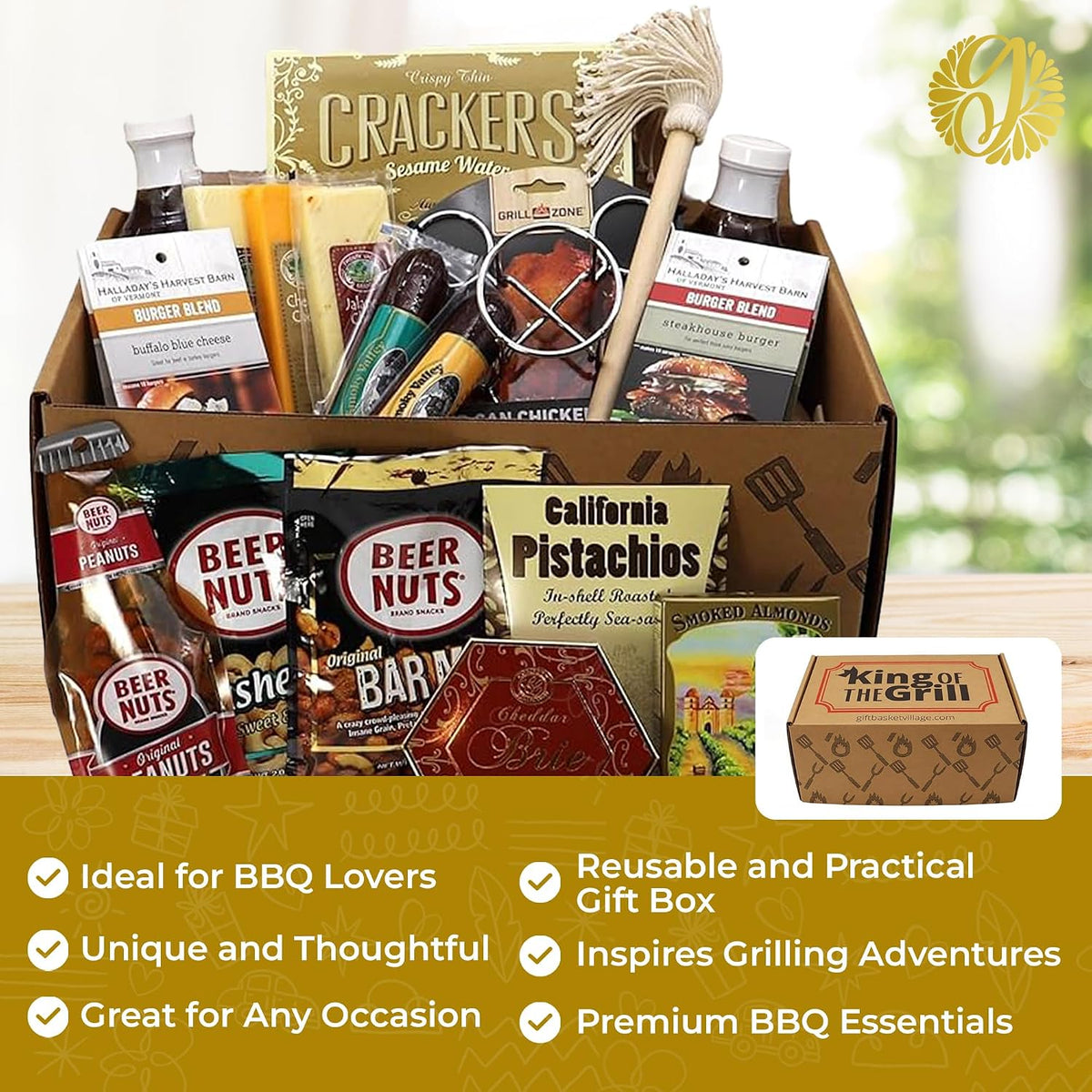 Gift Basket Village King of the Grill Gift Box - Includes BBQ Sauces, Burger Spice Blends, Cheese, Sausages, Grilling Accessories & More - Gifts for Men - BBQ Gift Set for Birthday, Anniversary & More